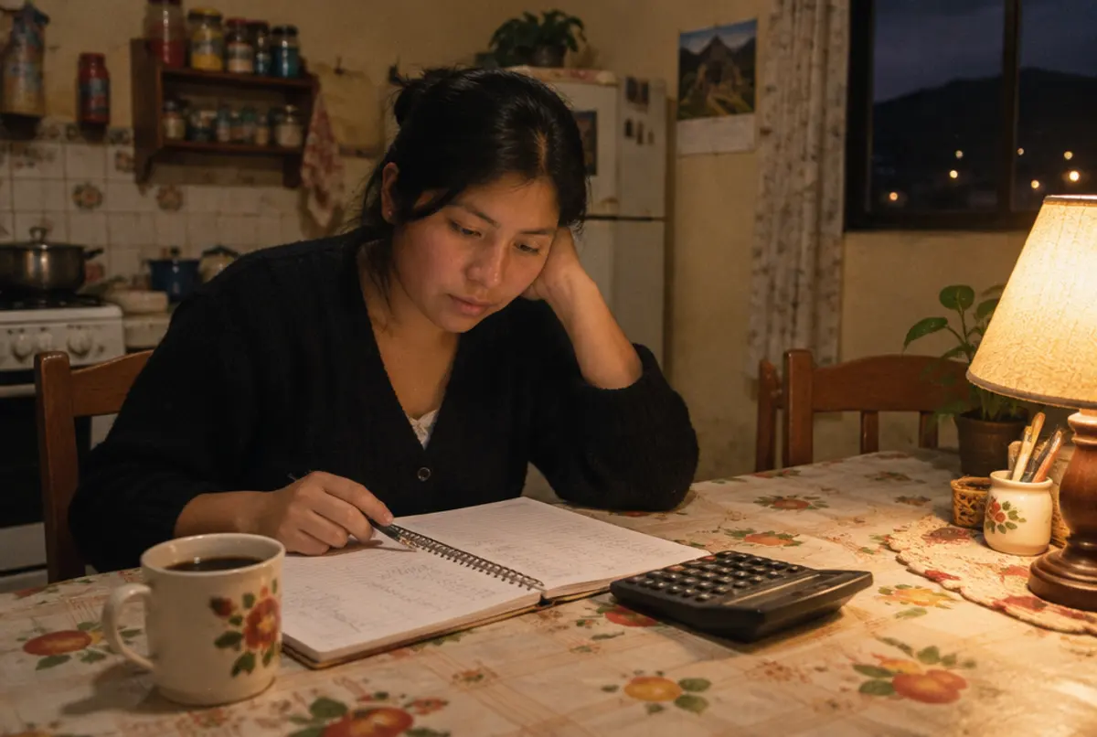 Una joven revisa su presupuesto en un cuaderno, de noche, en la mesa de su casa.