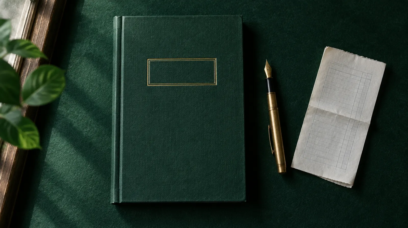 Un libro de cuentas verde cerrado, una pluma y un recibo sobre una mesa.
