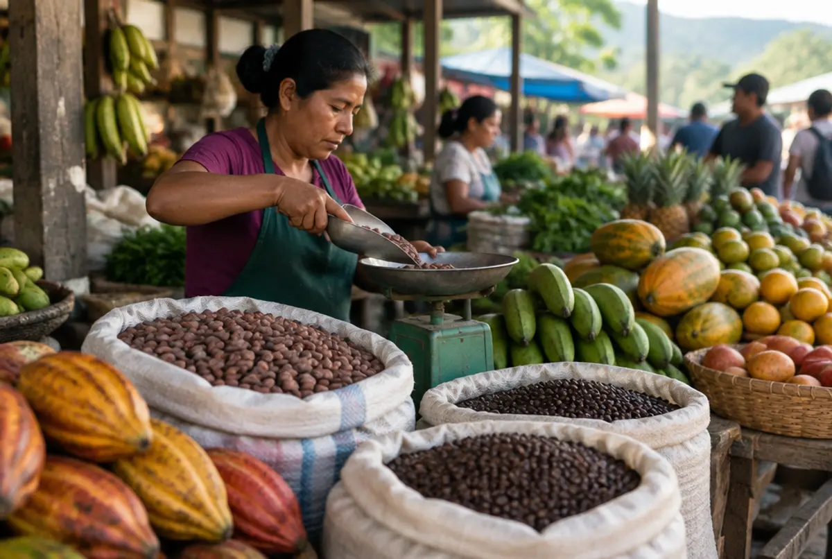 Una vendedora pesa cacao y café en un puesto del mercado de Tarapoto.