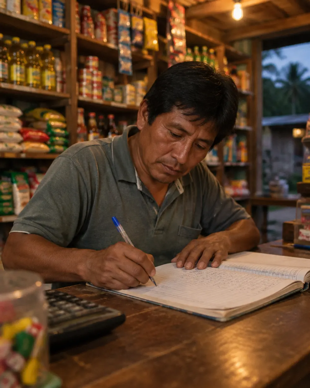 El dueño de una tienda de barrio anota las cuentas del día en su libro.