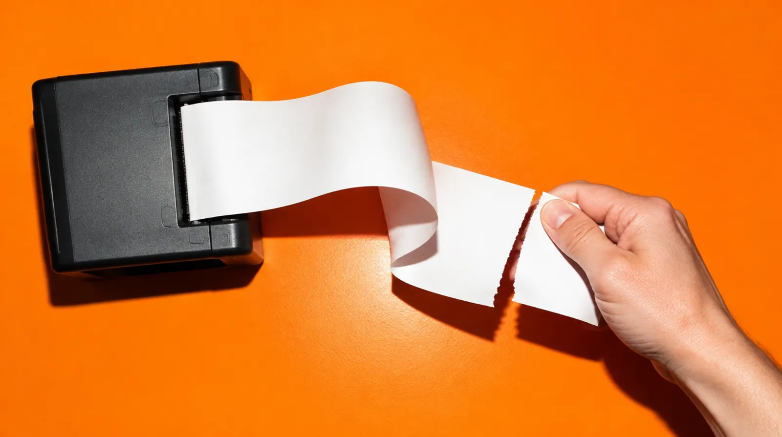 A hand tears a printed receipt on an orange table.