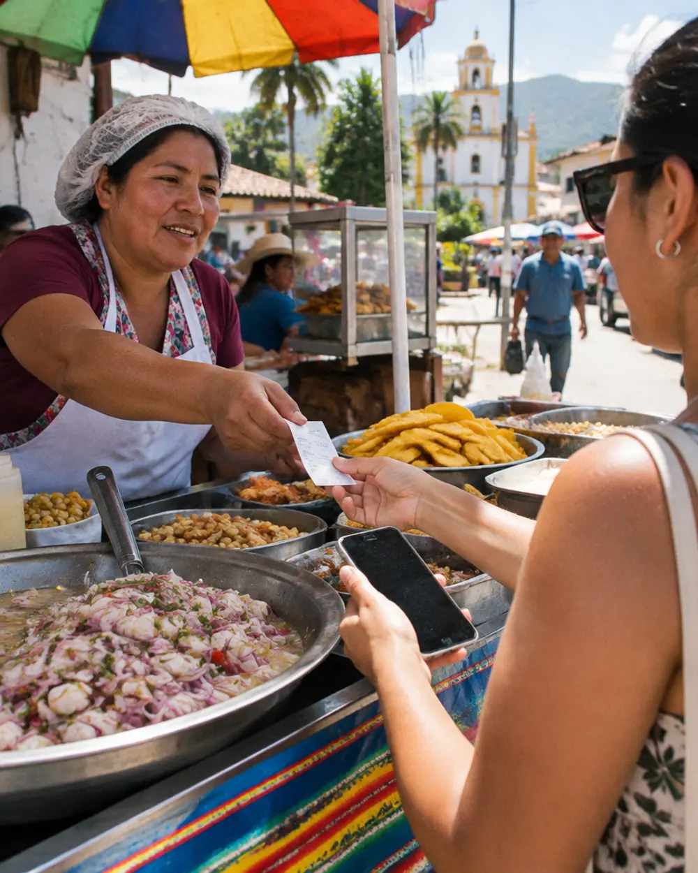 A food stall vendor hands over a receipt while a customer pays with her phone.