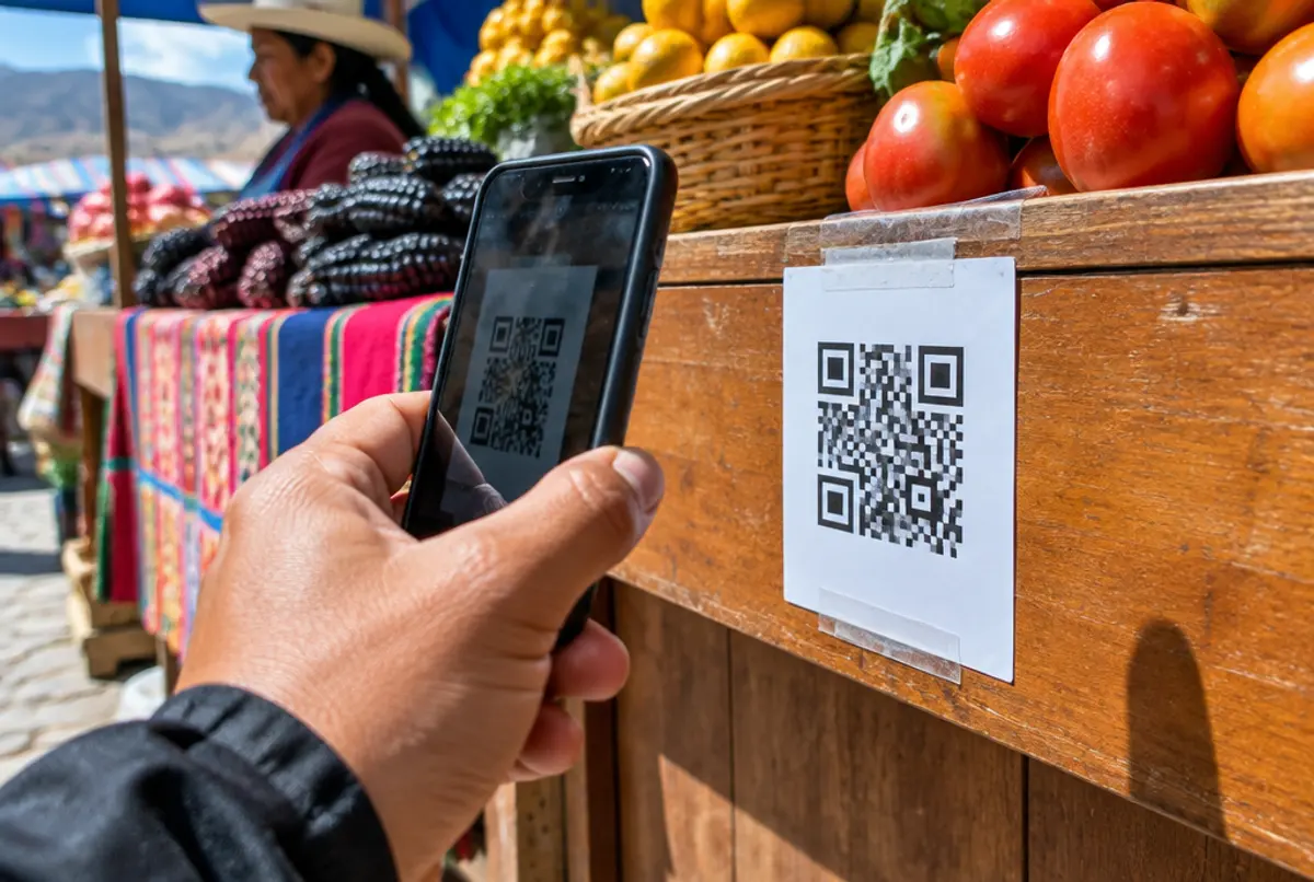 A hand holds a phone to a QR code taped to a stall counter.
